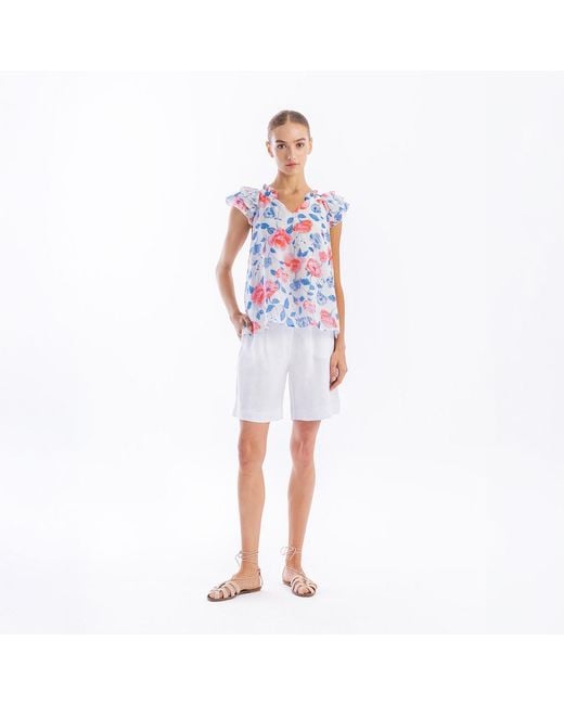 Haris Cotton Blue Ruffled Sleeve Cups Printed Silk Blend Blouse Wild Rose