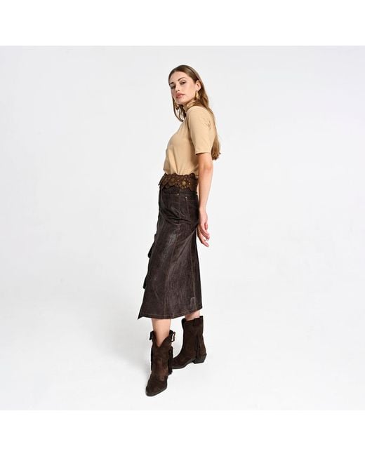 Lalipop Design Gray Ruffled Front Vegan Leather Midi Skirt