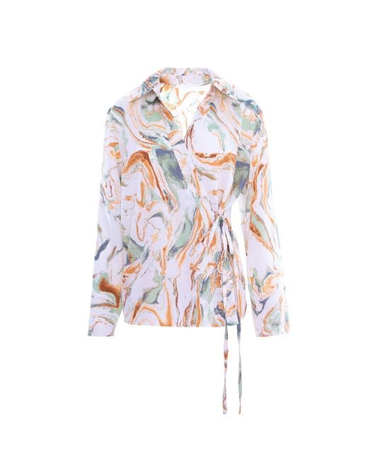BLUZAT White Abstract Print Wrap Shirt