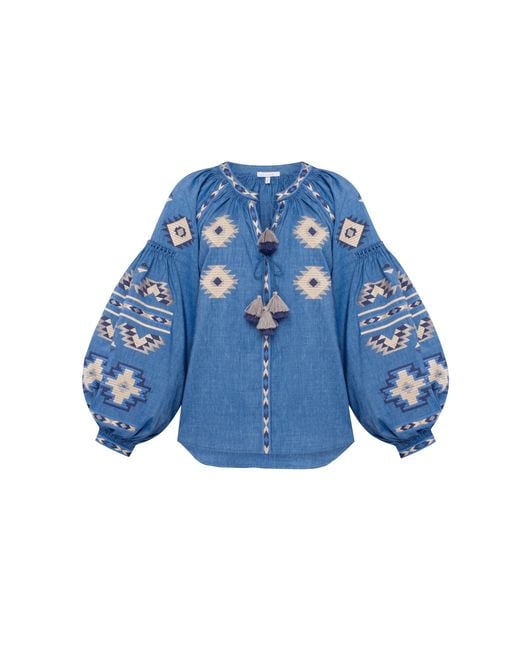 Annabo Blue Rombé Geometric Embroidered Linen Blouse –