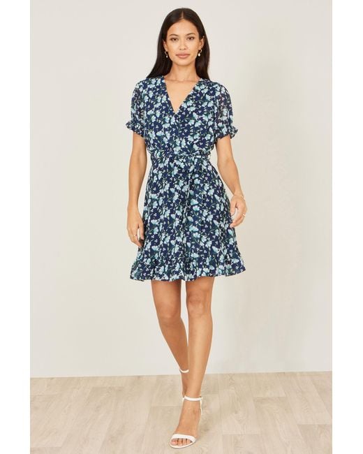 Yumi' Blue Floral Skater Wrap Dress
