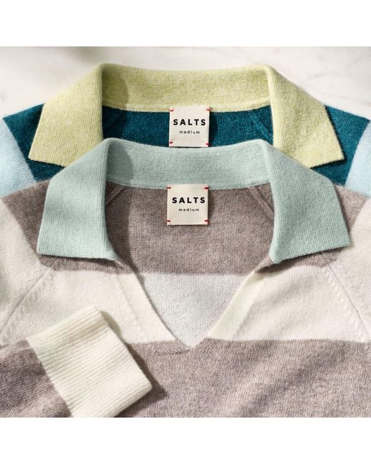 Salts Cashmere Gray Split Neck Polo Stripe Sweater