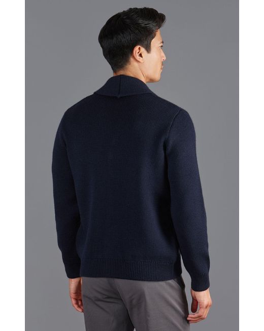 Paul James Knitwear Blue Chunky Merino Wool Marello Shawl Collar Cardigan for men