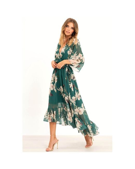 Urban Touch Green Floral Kimono Wrap Midi Dress