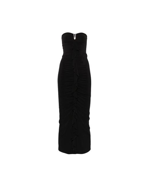 Nissa Black Ruffled Ruched Jersey Midi Dress