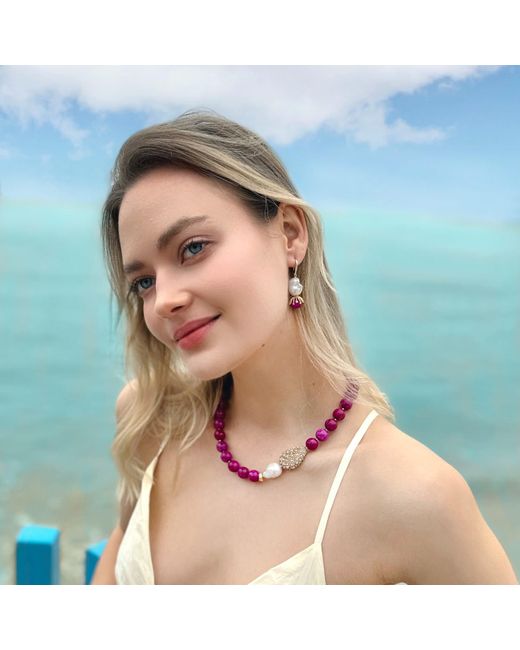 Farra Red Gemstone With Baroque Pearl Pendant Statement Necklace