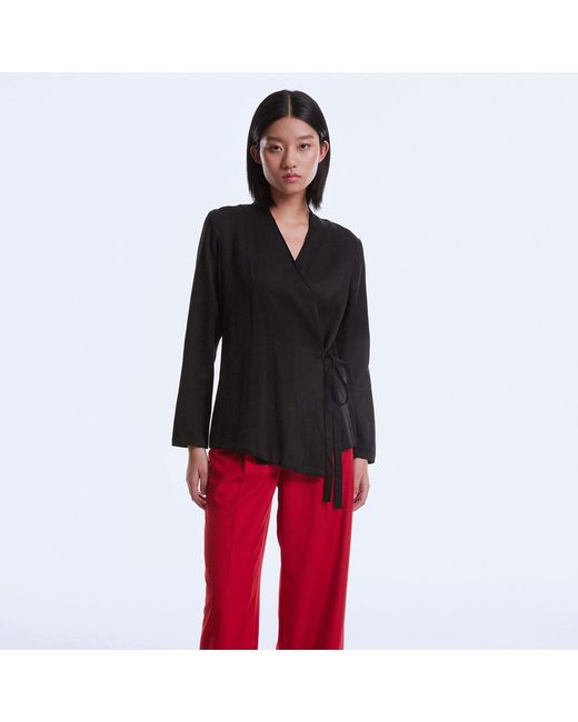 Smart and Joy Black Satin Wrap-Over Blouse