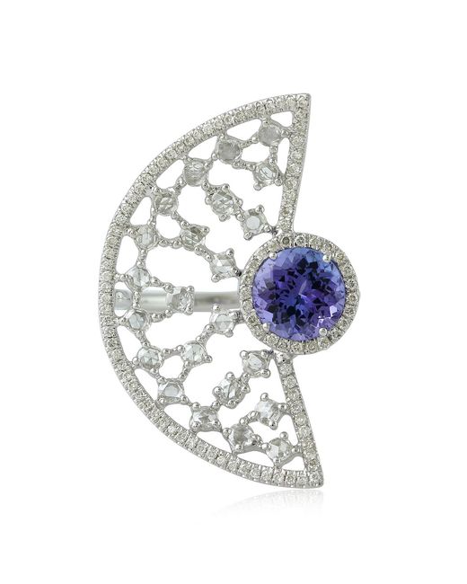 Artisan Metallic Natural Tanzanite Designer Cocktail Ring 18k White Gold