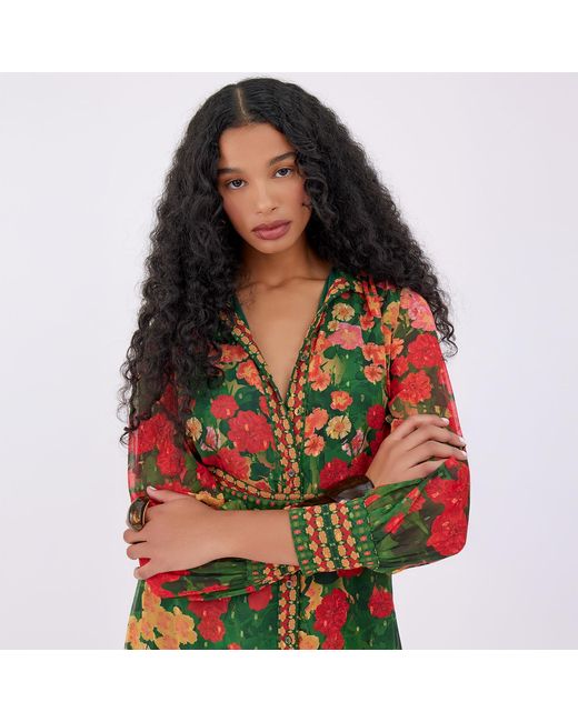Raishma Red Floral Long Sleeve Belted Shirt Midi Dress