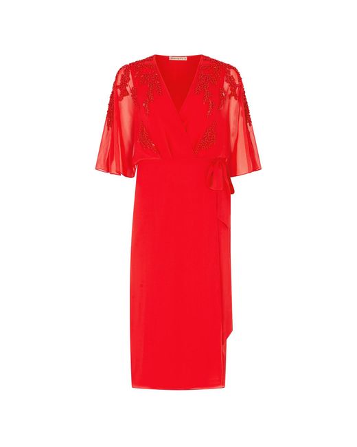 Hope & Ivy Red The Jolie Embellished Drape Sleeve Midi Wrap Dress With Tie Waist