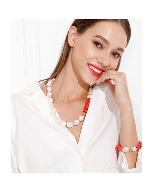 Farra Metallic Nugget Baroque Freshwater Pearls With Coral Choker