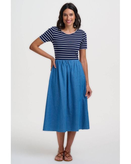 Sugarhill Blue Rhian Jersey & Woven Mix Midi Dress, Off, Stripe & Denim