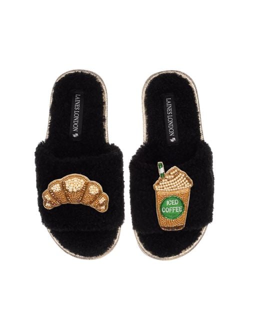 Laines London Black Teddy Towelling Slipper Sliders With Iced Coffee & Croissant Brooches