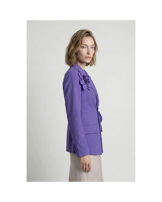 Modenaire Purple Structured Blazer Tailored Fit Floral Appliqué