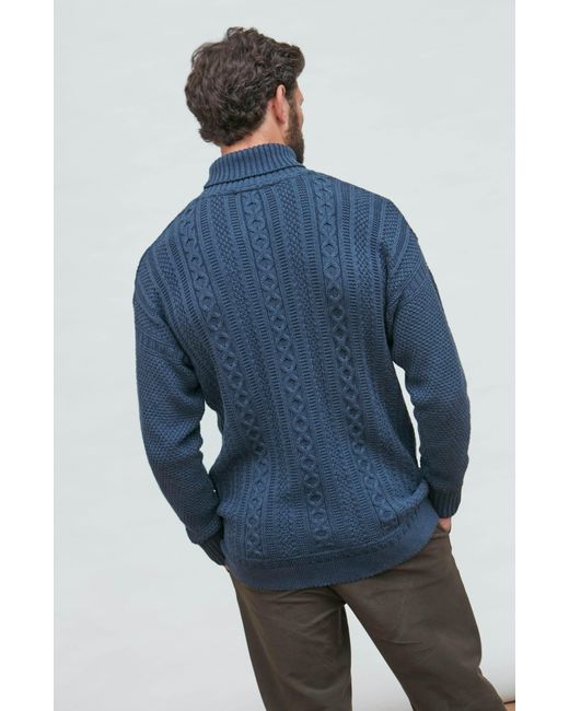 Paul James Knitwear Blue Midweight Cotton Aith Cable Roll Neck Gansey Jumper for men