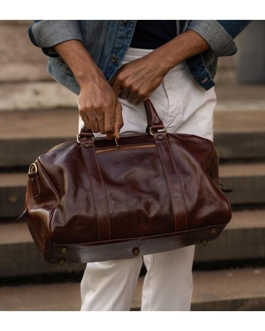 Time Resistance Brown Small Leather Overnight Bag, Duffel Bag for men