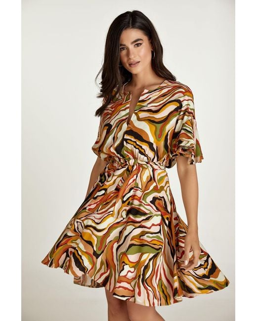 Conquista Brown Brick Colour Print Dress With Ruffle Sleeves