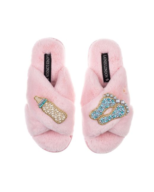 Laines London Pink Classic Laines Slippers With New Baby Boy Brooches