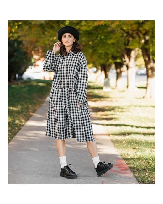 Zenzee Black Neutrals Cotton Linen Gingham Shirt Dress & Natural