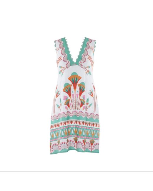 La Mandarine Blue Summer Mini Dress, Cotton Mini Dress With Art Deco Print & Pockets, Alice