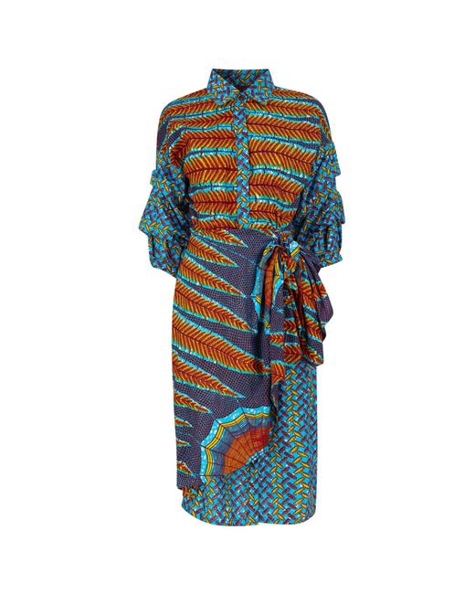 Ohema Ohene Blue Ama African Print Wrapper Front Shirt Dress