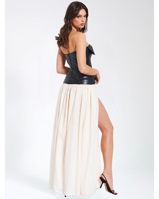 Miss Circle New York White Maayan Vegan Leather Corset High Slit Drop Waist Maxi Dress