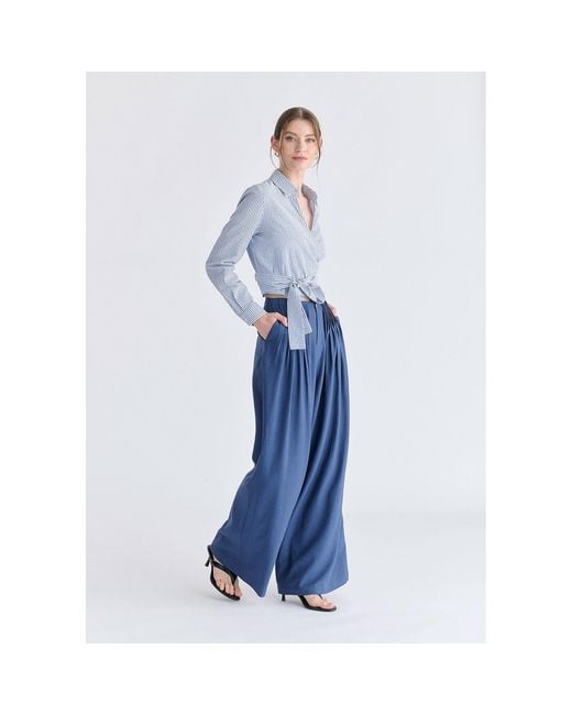 Paisie Blue Front Pleats Detail Wide Leg Trousers