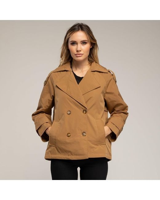 Tantra Spain Sl Brown Neutrals Short Quilted Trench Coat With Double-Breasted Buttons, Side Pockets, And Flared Back Camel