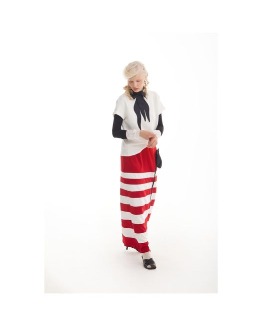 Julia Allert Red Contemporary Striped A-Line Skirt, Floral Detail–