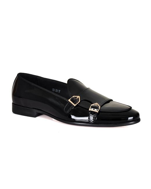 DAVID WEJ Black Lorenzo Patent Monk Strap Loafers for men