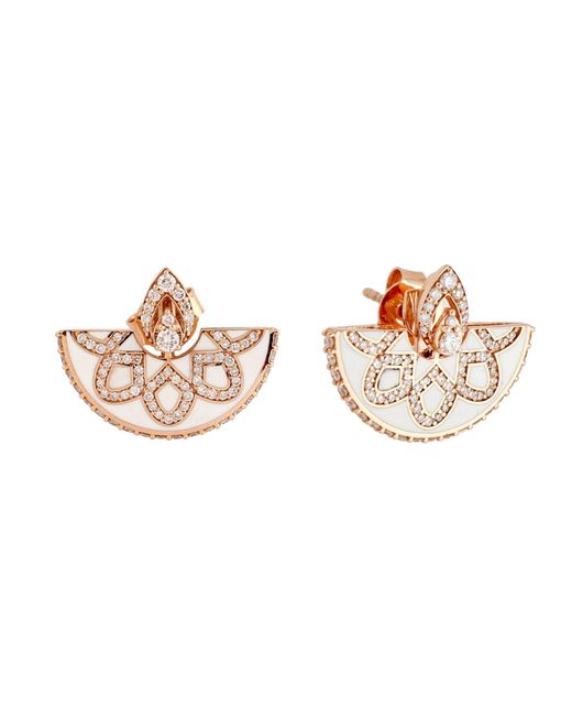 Artisan Metallic 18k Rose Gold With Pave Genuine Diamond & Enamel Fan Unique Stud Earrings