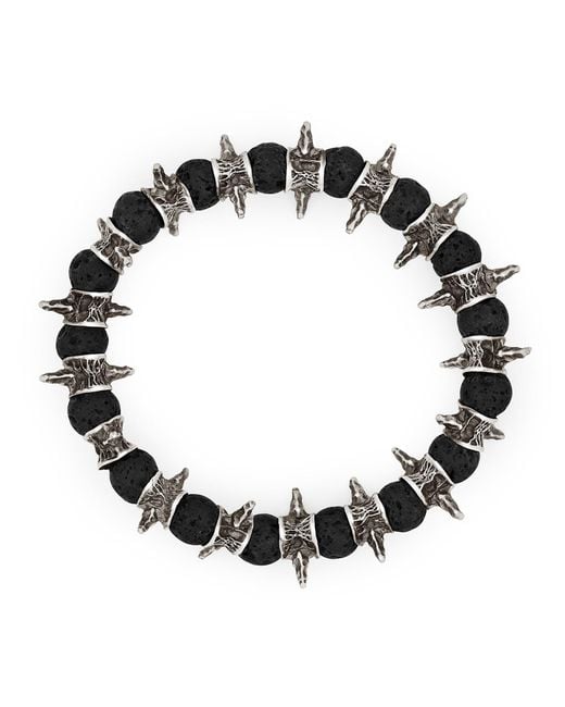 Snake Bones Black Lava Beads Oxidized Sterling Silver Spiky Bracelet for men