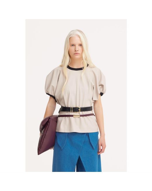 Julia Allert Multicolor Neutrals Puff Sleeve Faux Leather Top –