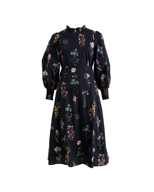 Louche Black Jessie Flower Press Print Frill Neck Midi Dress