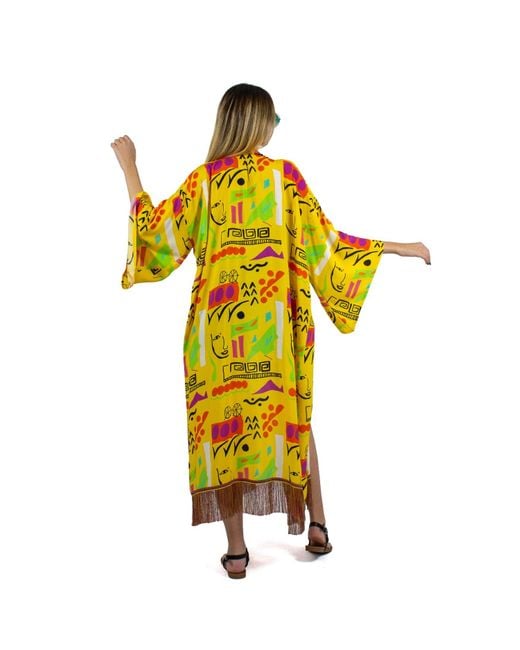 Lalipop Design Yellow Viscose Kimono With Embroidery Border