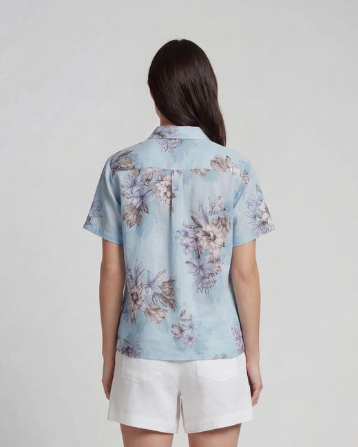 Lords of Harlech Blue Lara Exotic Floral Linen Printed Shirt