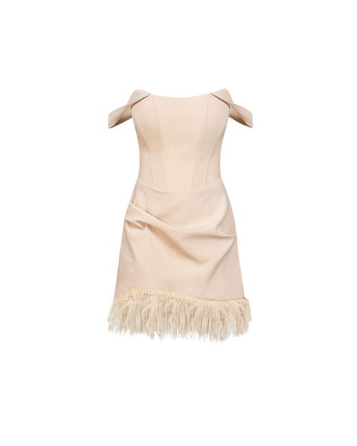 Cliché Reborn Natural Neutrals Mini Corset Dress With Feather Trim