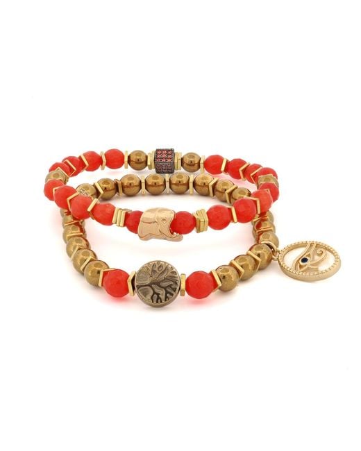 Ebru Jewelry Brown Carnelian Stone Beaded Ra & Elephant Charm Bracelet Set