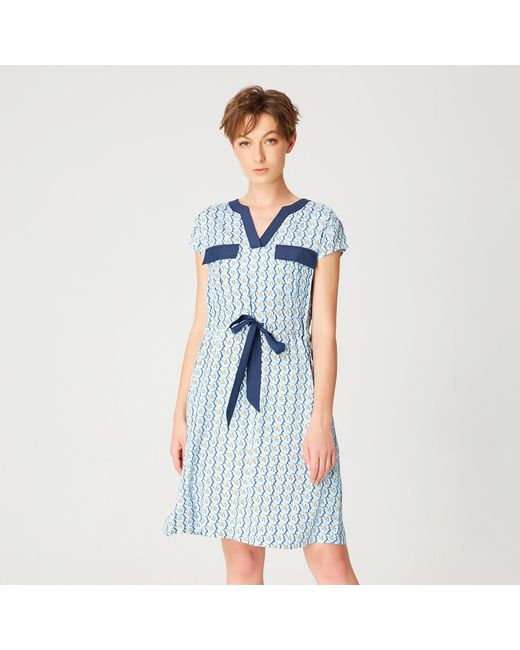 Smart and Joy Blue Tunic Dress With Drawstring Belt And Geometric Print