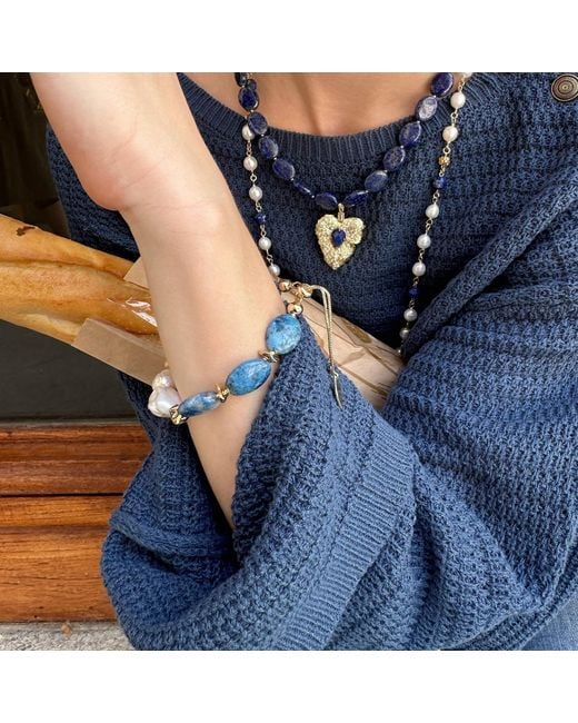 Farra Blue Agate With Baroque Freshwater Pearl Adjustable Bracelet