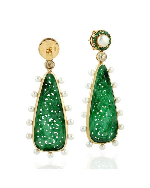 Artisan Green 18K Carved Jade, Emerald, Pearl And Diamond Drop Earrings