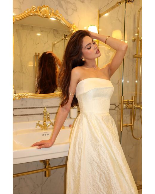 POST MERIDIEM Natural Cream Jacquard Midi Dress With Satin Turn-Up