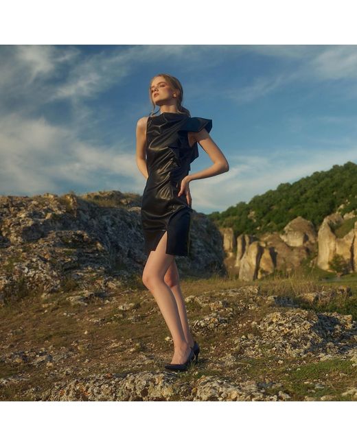 AVENUE No.29 Black Eco Leather Asymmetrical Mini Dress With Ruffle