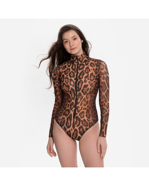 Rodasoleil Smart Swimwear Brown Tan-Through Mesh One-Piece Zipper Swimsuit With Sleeves Leopard