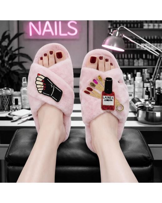 Laines London Pink Classic Laines Slippers With Sand Nail Tech Brooches