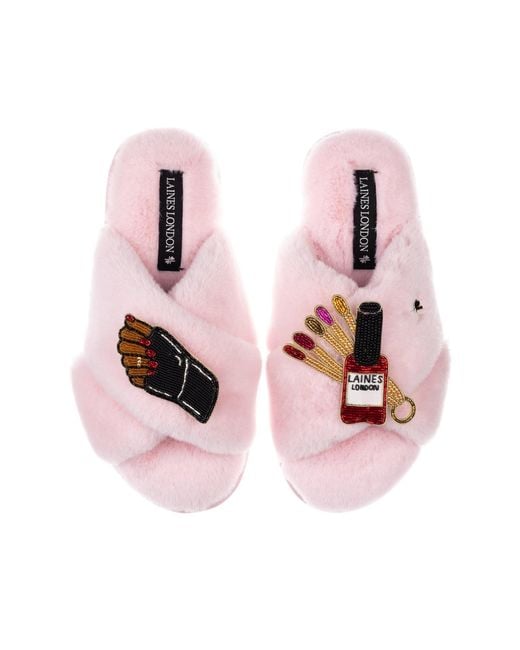 Laines London Pink Classic Laines Slippers With Cocoa Nail Tech Brooches