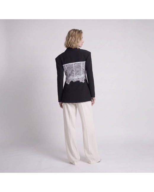 Modenaire Black Lace Corset Detail Blazer With Tailored Fit And Button Front