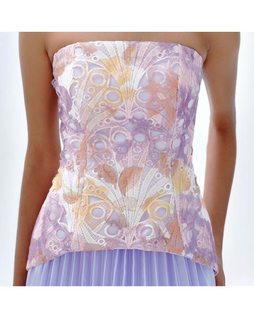 Justin Tong Purple Cascade Pleated Gown