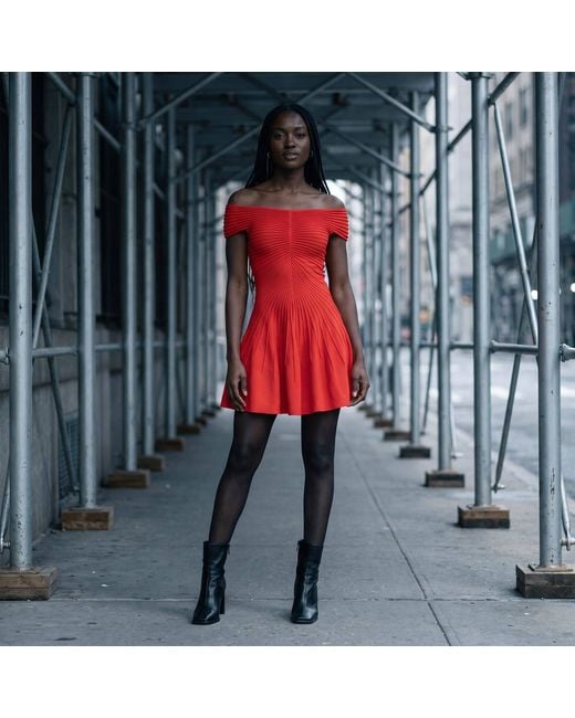 Modenaire Red Elegant Off-Shoulder Pleated Dress With A-Line Silhouette