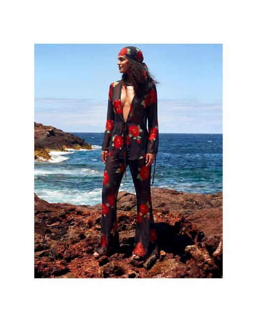 concept A trois Red Chiffon Blouse Adorned With Roses